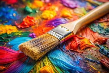 Fototapeta premium A paintbrush is sitting on a table with a variety of colorful paint