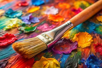 Obraz premium A paintbrush is sitting on a table with a variety of colorful paint