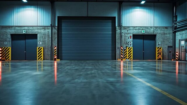 Warehouse interior featuring a large roller shutter door with emergency exit signs on concrete walls reflected on polished floor. Dark, industrial setting