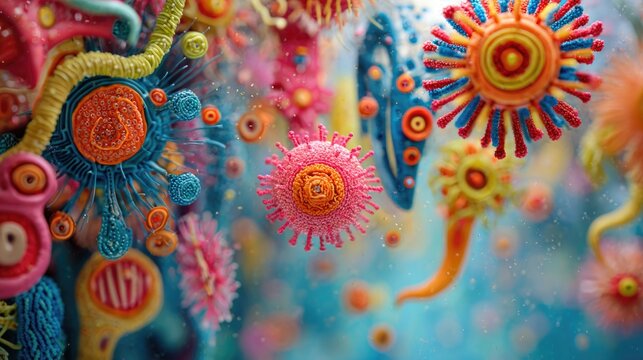 A vibrant microscopic world scene featuring various viruses and bacteria