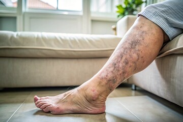 A person with varicose veins on their legs is sitting on a chair