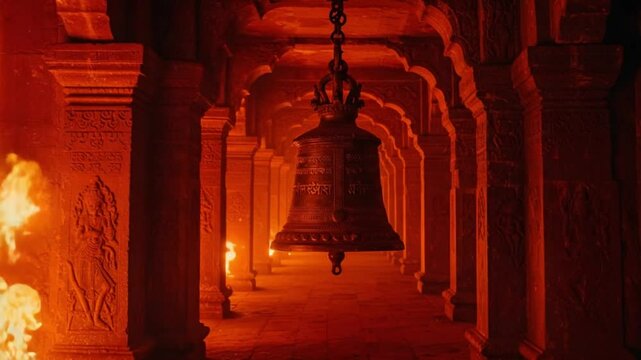 Ornate temple interior illuminated by firelight, a large bell hanging in the center