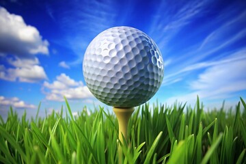 A golf ball is sitting on a tee in a grassy field