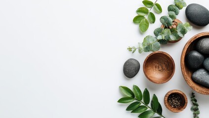 Smooth grey stones, wooden bowls, and eucalyptus leaves arranged on a white background, creating a serene spa-like scene with ample negative space