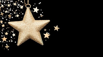 Glittering gold star ornament against a black background.
