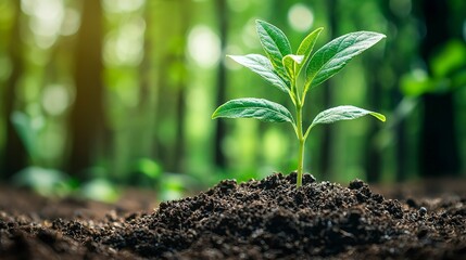 Seedling sprouting from rich soil with green forest background, symbolizing growth, environmental care, and nature awareness for World Wildlife Day
