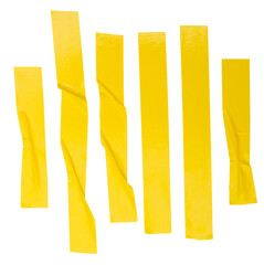 Top view set of wrinkled or crumpled yellow adhesive vinyl tape or cloth tape in stripes shape in vertical isolated on white background with clipping path