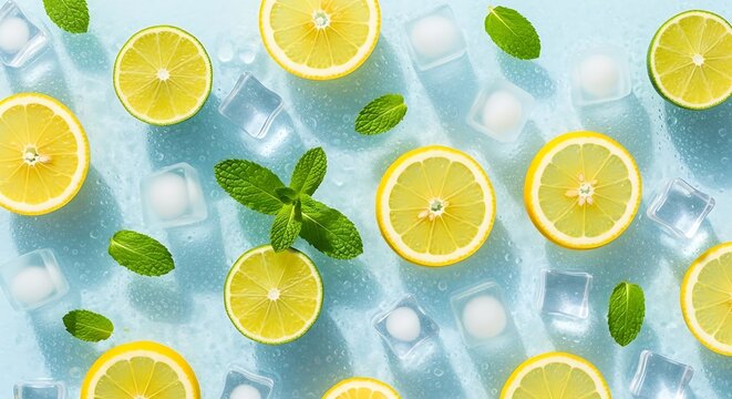 Refreshing citrus slices with ice cubes and mint leaves on a cool blue background - Powered by Adobe