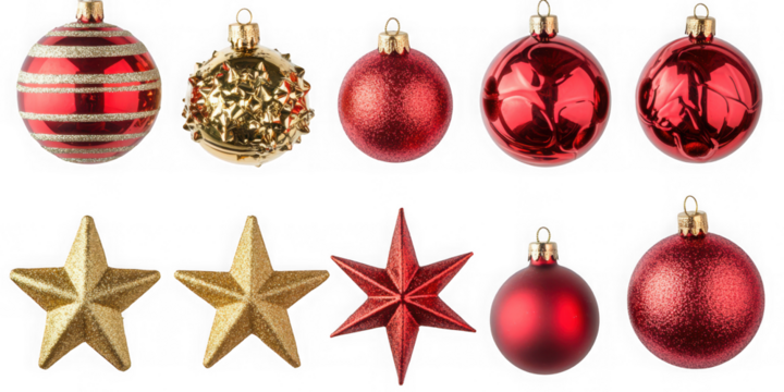 Collection of festive ornaments featuring stars and spheres  on transparent background