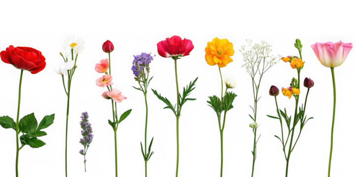 Assortment of colorful flowers with green stems against a plain  on transparent background