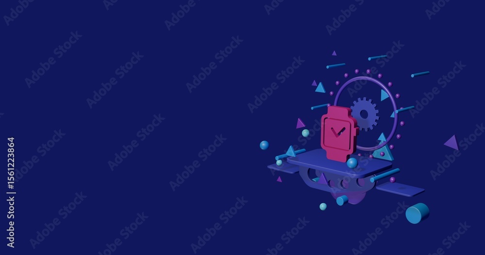 Poster pink smart watch symbol on a pedestal of abstract geometric shapes floating in the air. abstract con