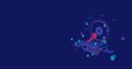 Pink microphone symbol on a pedestal of abstract geometric shapes floating in the air. Abstract concept art with flying shapes on the right. 3d illustration on indigo background