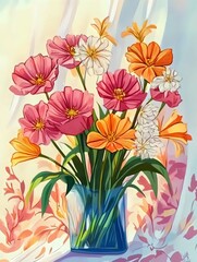 Floral Arrangement with Colorful Flowers in Glass Vase - Vibrant Summer Theme for Artistic Home Decor and Nature Lovers