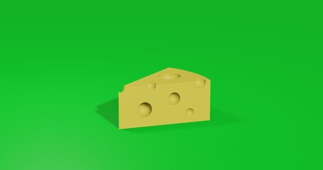 Isolated realistic yellow cheese symbol front view with shadow. 3d illustration on green chroma key background