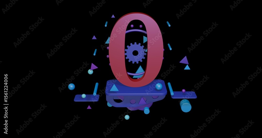 Poster red number zero symbol on a pedestal of abstract geometric shapes floating in the air. abstract conc