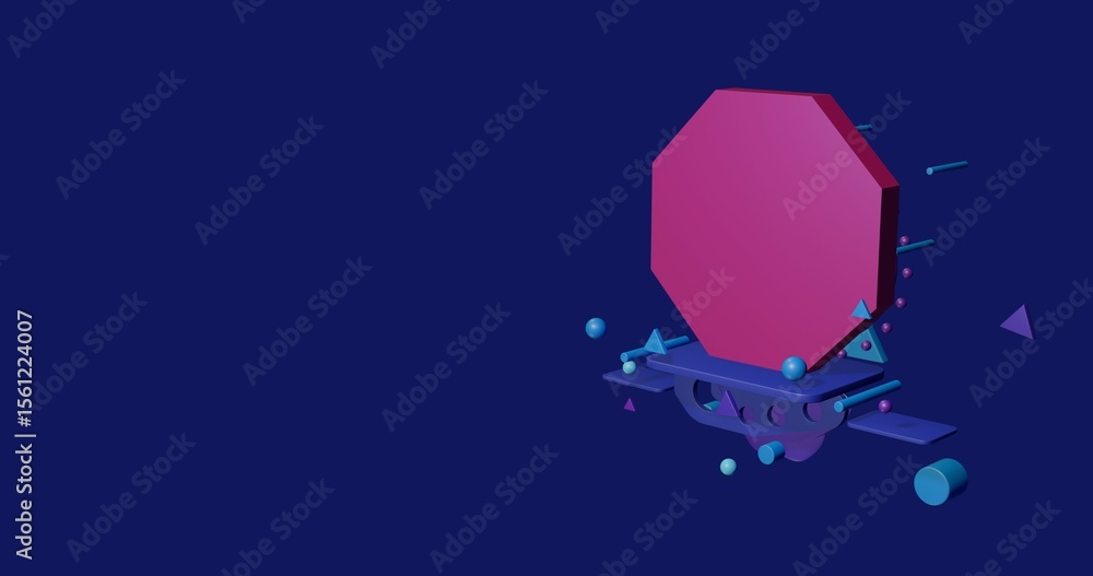 Poster pink octagon symbol on a pedestal of abstract geometric shapes floating in the air. abstract concept