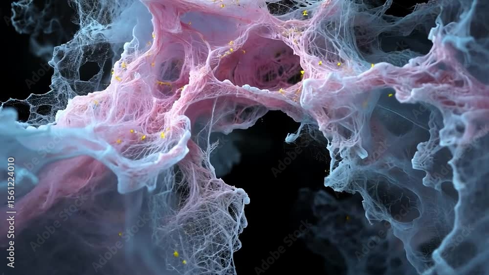 Aufkleber abstract fluid forms in pink white and blue colors with small yellow dots on a black background repr