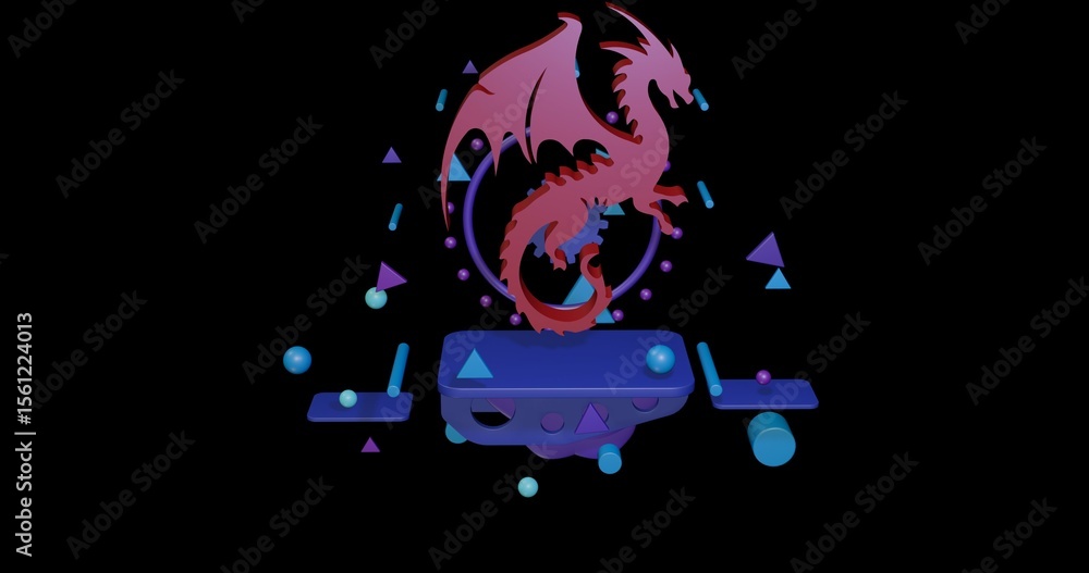 Poster red dragon symbol on a pedestal of abstract geometric shapes floating in the air. abstract concept a