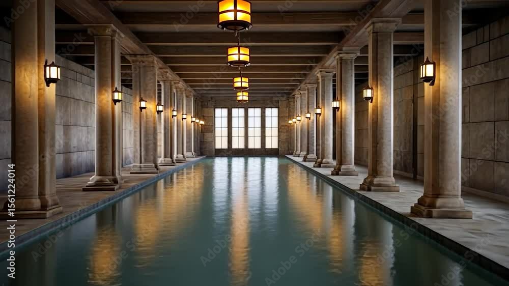 Poster elegant indoor swimming pool scene featuring tall columns and ambient lighting creating a serene atm