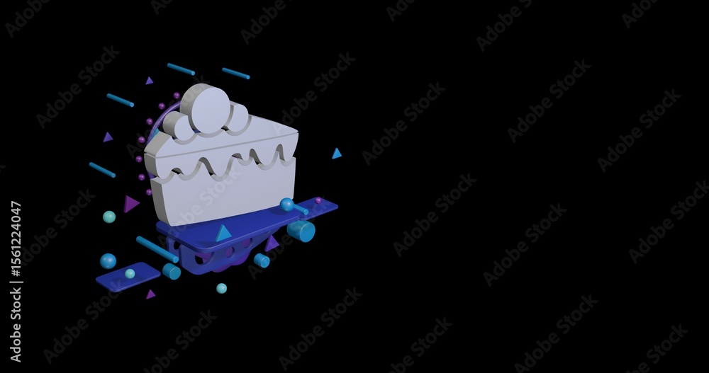 Poster white piece of cake symbol on a pedestal of abstract geometric shapes floating in the air. abstract 