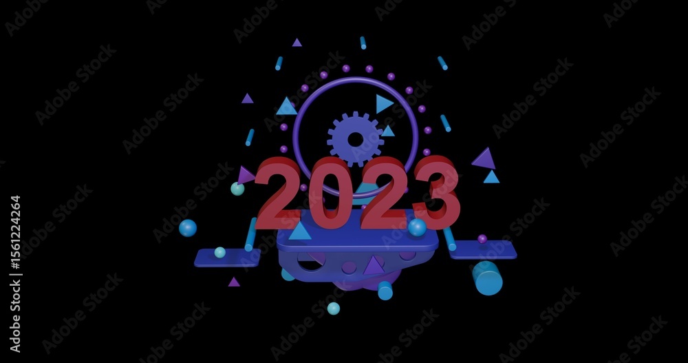 Aufkleber red 2023 year symbol on a pedestal of abstract geometric shapes floating in the air. abstract concep