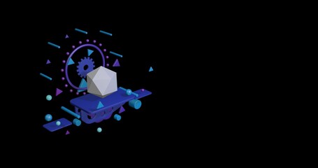 White Icosahedron on a pedestal of abstract geometric shapes floating in the air. Abstract concept art with flying shapes on the left. 3d illustration on black background