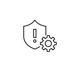 Shield, exclamation mark and cogwheel. Security alert settings, risk management configuration, system protection controls, threat response setup, cybersecurity monitoring. Pixel perfect, editable stro