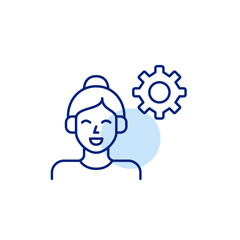 Woman in headphones and cogwheel. Audio settings, personalized listening, sound configuration, media control, user audio preferences. Pixel perfect, editable stroke vector icon