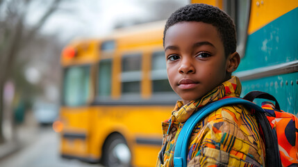 Young boy waiting for the school bus, introspective and hopeful, with a vibrant backpack