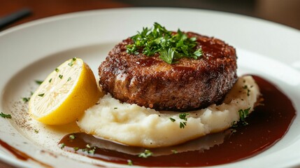 Breaded and fried beef cutlet served with mashed potatoes and lemon wedge, garnished with parsley on a white ceramic plate.
