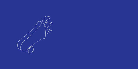 The outline of a large megaphone symbol made of white lines on the left. 3D view of the object in perspective. Vector illustration on indigo background