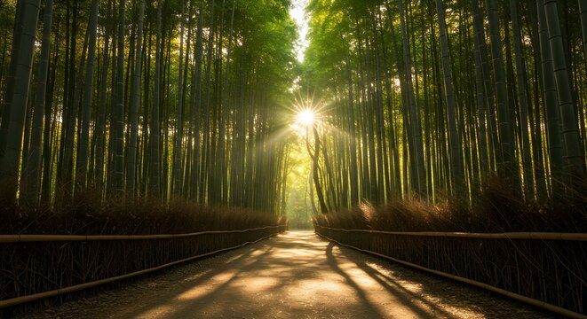 Sunlight streams through a dense bamboo forest path, illuminating a walkway