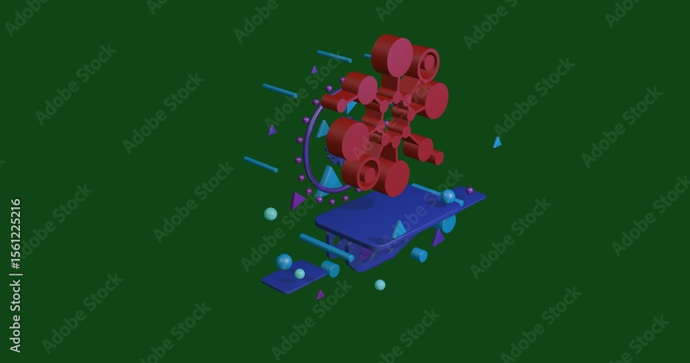 Aufkleber red molecule symbol on a pedestal of abstract geometric shapes floating in the air. abstract concept