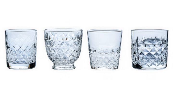 A row of four crystal glasses with diamond patterns against  on transparent background