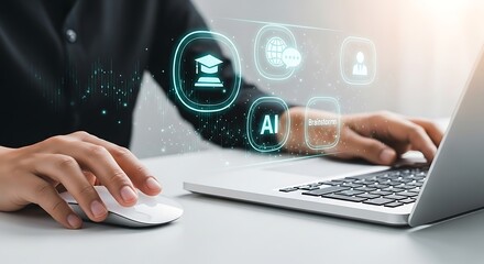 Hands Using Wireless Mouse on Silver Laptop