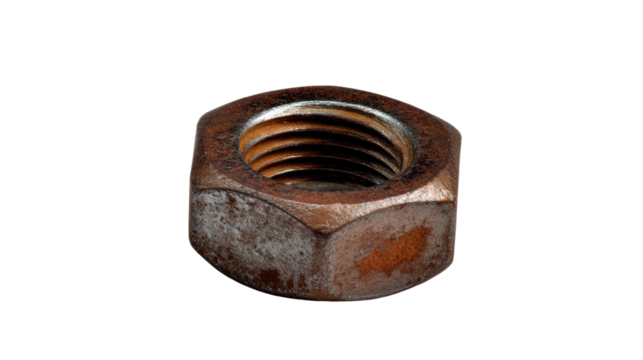 Rusty Nut: Close-up shot of a single, aged and worn hexagonal nut, exhibiting signs of rust and wear, ready for your conceptual projects.