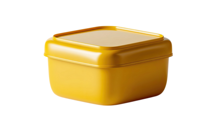 Yellow square plastic container with lid: A square yellow plastic container with a snug-fitting lid, ideal for food storage or organizing household items