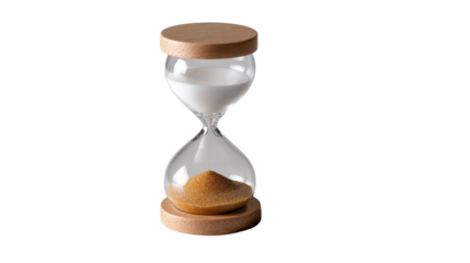 Time's Gentle Passage: Witness the timeless beauty of an hourglass, its grains of sand delicately shifting within a transparent glass enclosure, poised atop a wooden base.