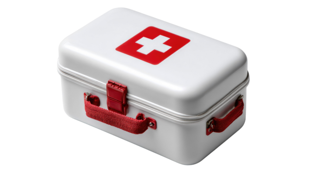 First Aid Kit: A crisp, clinical image showcases a pristine first aid kit, emphasizing readiness and care. Highlighting the central role of health and safety in an emergency. 