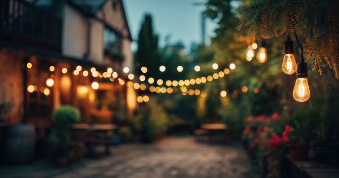 Warm-toned evening scene of a patio with string lights illuminating a quaint building and lush greenery - Powered by Adobe