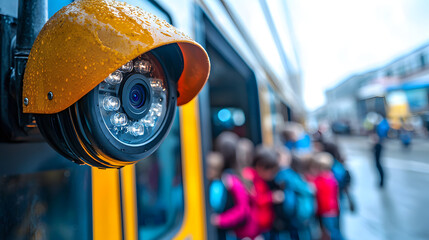 Close-up of a surveillance camera monitoring children boarding on school bus