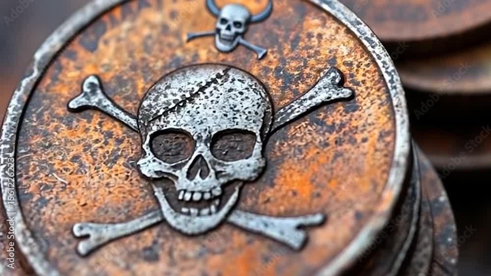 Poster close-up video features textured circular metal objects with a skull and crossbones emblem showcasin