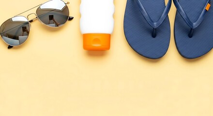 Top-Down Flat Lay of Straw Hat, Flip-Flops, Sunglasses, Sunscreem, Swimsuit, slippers, and Beach Accessories on Vibrant Turquoise Background with Ample Empty Space for Text or Branding Design