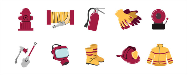 Firefighter Equipment, Firefighter Tool and Protective Gear. firefighter equipment including helmets, gloves, boots, and other tools. Firefighter Vector Set
