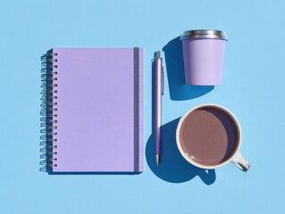 Modern Tech Workspace Flatlay with Purple Notebook and Coffee Cup