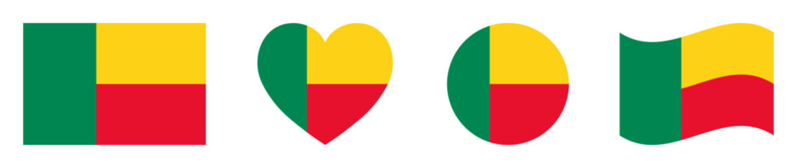 Fototapeta premium Benin national flags set in square, heart, circle and waving formats designs element. Benin flags collection. Set of Benin flags icons isolated on white background. Vector illustration.