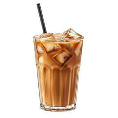 A glass of coffee with a straw in it