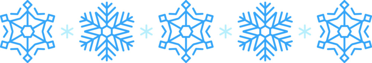 Winter snow banner, icon with blue snowflakes on a white background. Festive Christmas divider New Year card. Symbol of frosty whether and happy holidays. Vector illustration