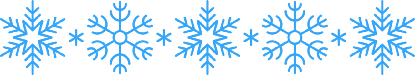 Winter snow icon divider with blue snowflakes on a white background. Festive Christmas banner, Vector Year card. Symbol of frosty whether and happy holidays. New illustration