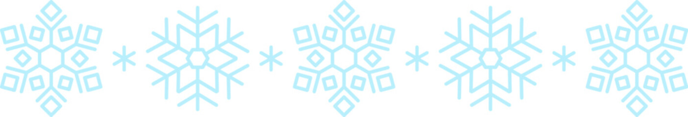 Winter snow icon divider with blue snowflakes on a white background. Festive Christmas banner, New Year card. Symbol of frosty whether and happy holidays. Vector illustration
